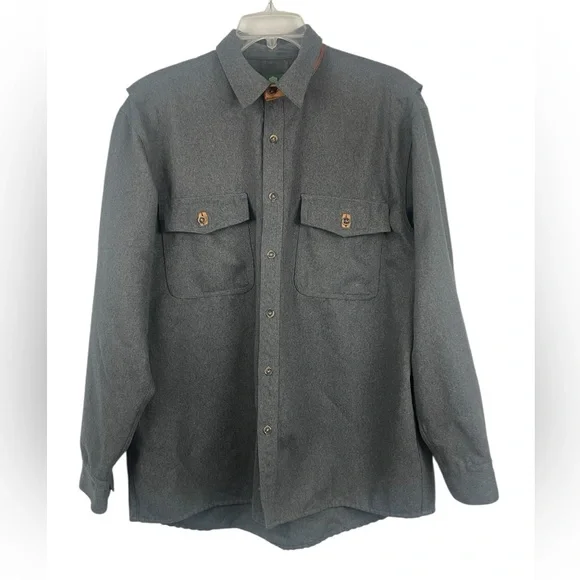 Schnees rifleman flannel shacket in grey w/leather trim collar. Size large GUC - Picture 1 of 11